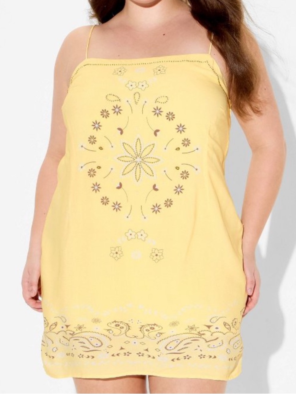 Yellow & Brown Beaded Spaghetti-Strap Mini Dress